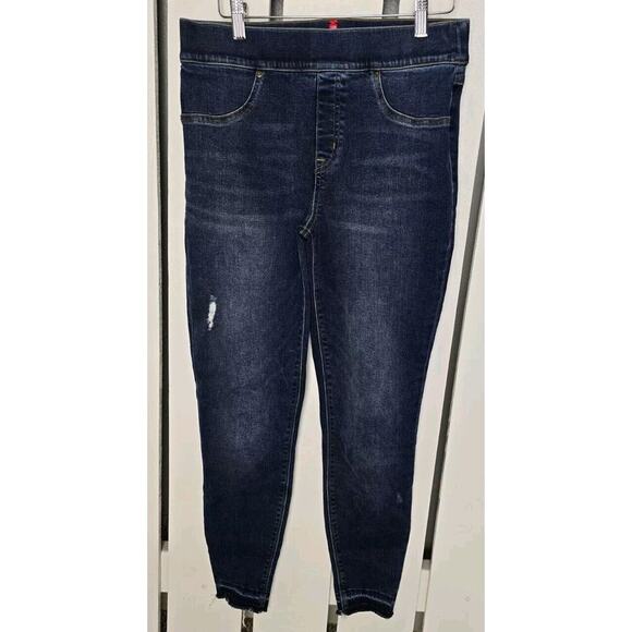 SPANX Distressed Ankle Skinny Pull On Jeans Medium Wash Raw Hem Denim Stretch M - Picture 1 of 11